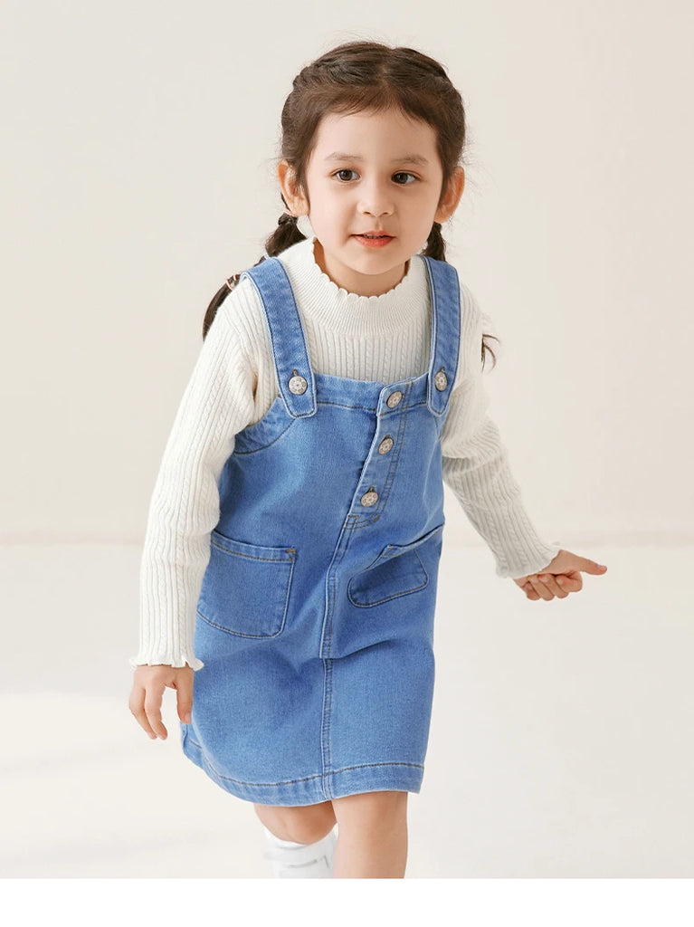 Mejora el guardarropa de tu pequeña fashionista con el vestido de diseñador para bebé: vestido tipo overol con tirantes de mezclilla para niñas