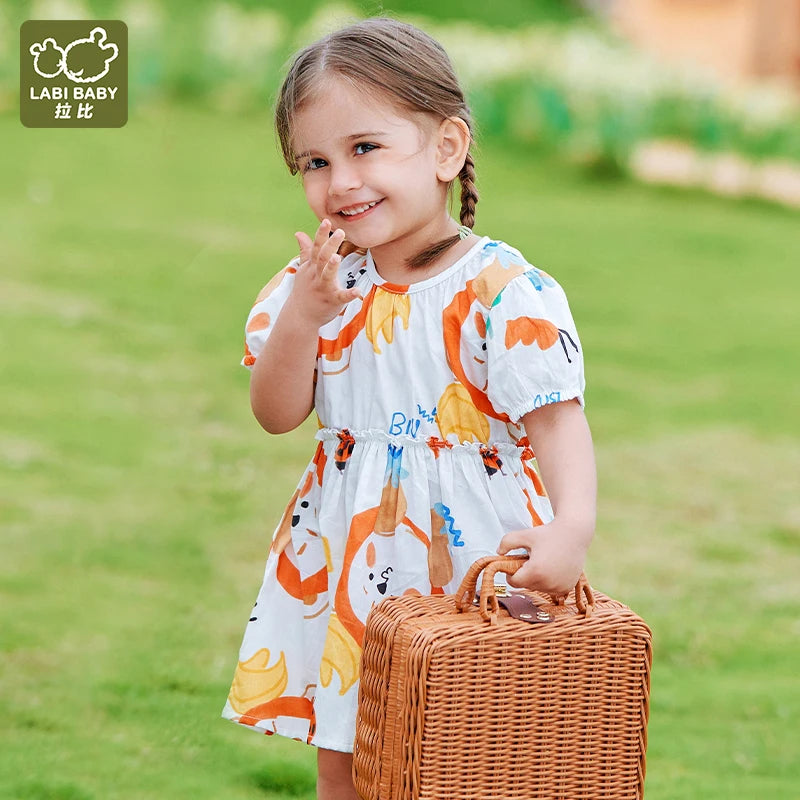 Elegant Cartoon Print Puff Sleeve Dress for Girls